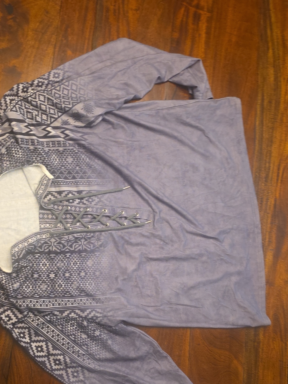 Lace-Up Patterned Long Sleeve Top - Slate Gray